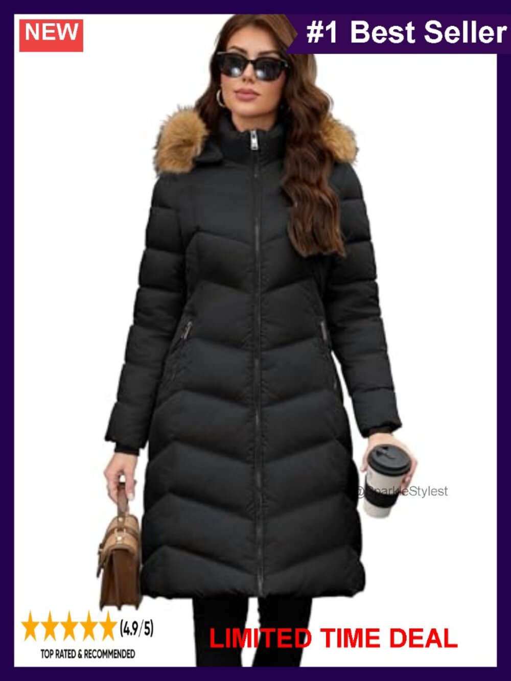 Women's Long Puffer Coat Faux Fur Collar Hood Winter Jacket